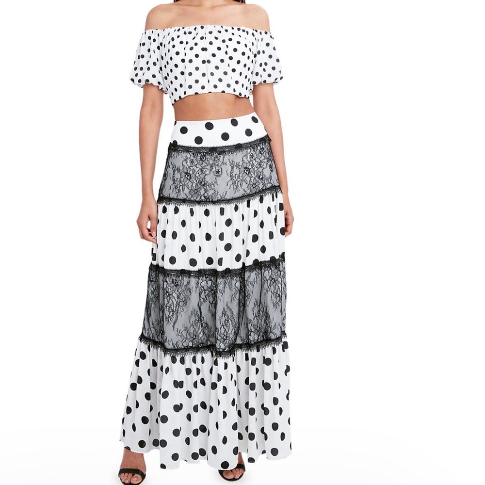 BCBGMAXAZRIA Polka Dot & Lace Cutout Maxi Dress in Black & White